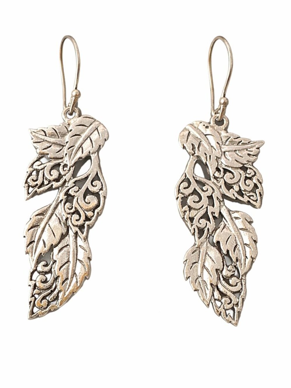 Sterling Silver Filigree Leaf Dangle Earrings 2” Boho Statement